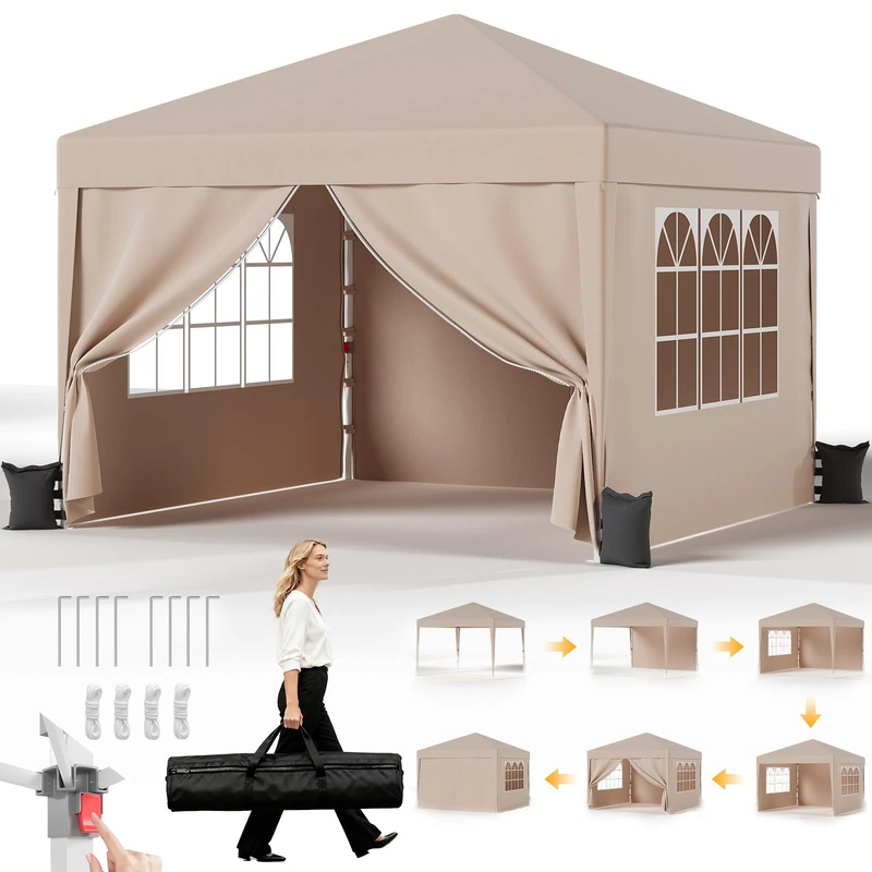 JUMMICO 3x3m Pop Up Gazebo with 4 Sides - Beige Sun Shelter