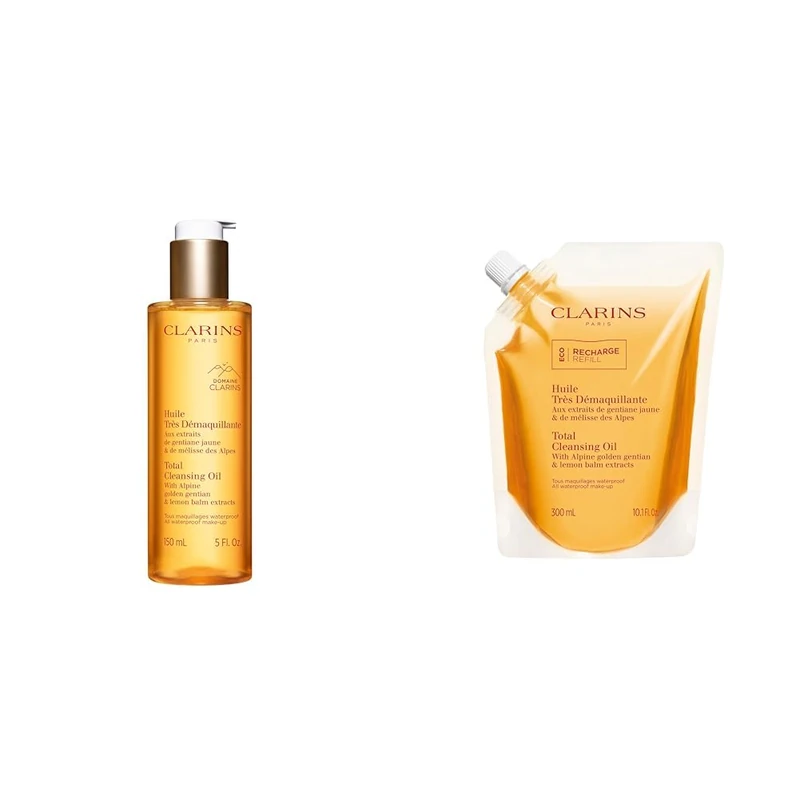 Clarins Total Cleansing Oil 150ml + Refill 300ml | Removes Long-Wearing, Heavy and Waterproof Makeup and Pollutants | Preserves Skin's Microbiota | Easy Rinse | Safe For Use On Face, Eyes and Lips