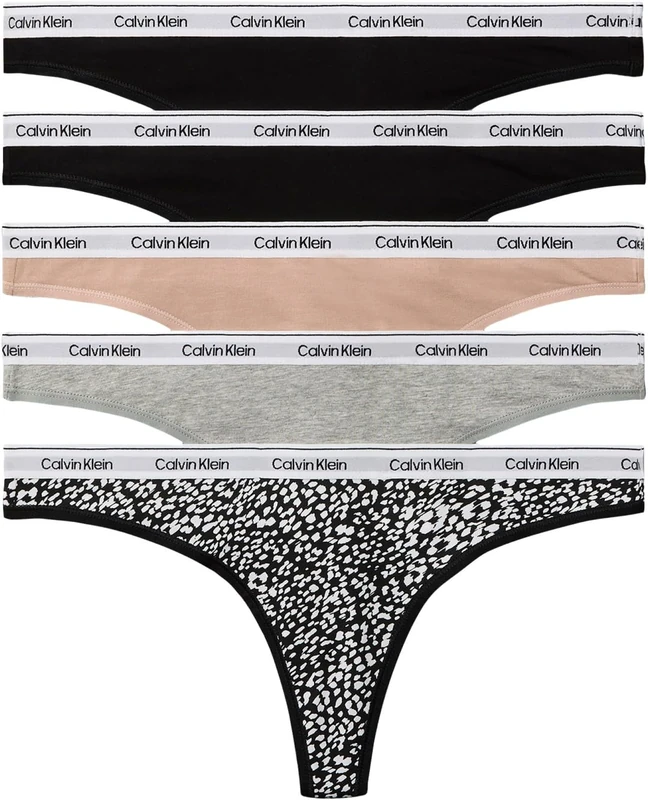 Calvin Klein Women's, Thong 5 Pk LV00QD5221, Thong, BLACK/BLACK/CEDAR/GREY HEATHER/INK, XL