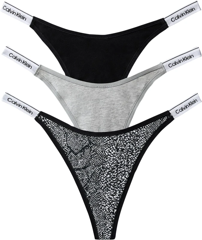 Calvin Klein Women's, Dipped Thong 3Pk LV00QD5394, Thong, Black/Grey Heather/Marble Snake S, 3XL