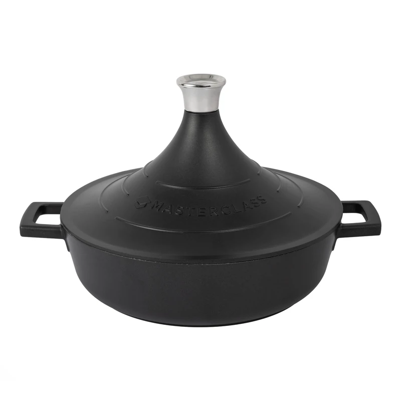 MasterClass Cast Aluminium Tagine Dish with Self-Basting Cone Lid, 5L Non-Stick Round Casserole, Induction Hob to Oven Cookware, Dishwasher Safe, Oven Safe, 28cm, Black