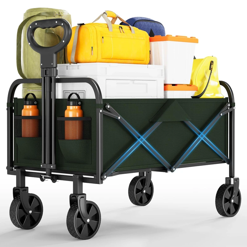 Handcart Foldable 100 L, Water Resistant Beach Trolley up to 100 kg, Folding Hand Trolley with 360° Rotating Wheels for Any Terrain, Ideal for Camping, Picnic, Shopping & Garden, Green