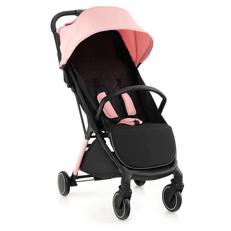 GYMAX Foldable Baby Stroller, Portable Baby Pushchair with One Hand Folding, 5-Point Safe Belt, Lockable Wheel, Adjustable Footrest, Canopy & Backrest, Travel Toddler Buggy for 0-3 Years Old (Pink)