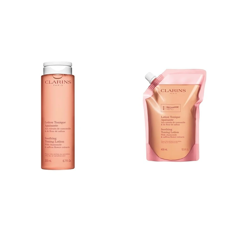 Clarins Soothing Toning Lotion 200ml + Refill 400ml | Cleanses, Tones, Hydrates, Soothes and Balances Skin's Microbiota | Alcohol-Free | Camomile Extract