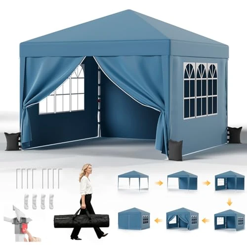 JUMMICO Pop up Gazebo with Sides 3m x 3m,Waterproof Gazebos With Sidewalls, Gazeebo UV50+ Outdoor Cheap Gazebo for Camping, Eventss, Parties, Camping, Commercial Events, Markets, Blue