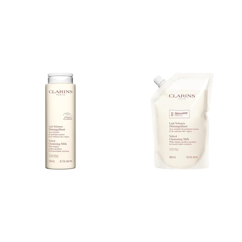 Clarins Velvet Cleansing Milk 200ml + Refill 400ml | Gentle Makeup Remover & Hydrating Cleanser for Soft and Clean Skin | Ideal for Sensitive Skin