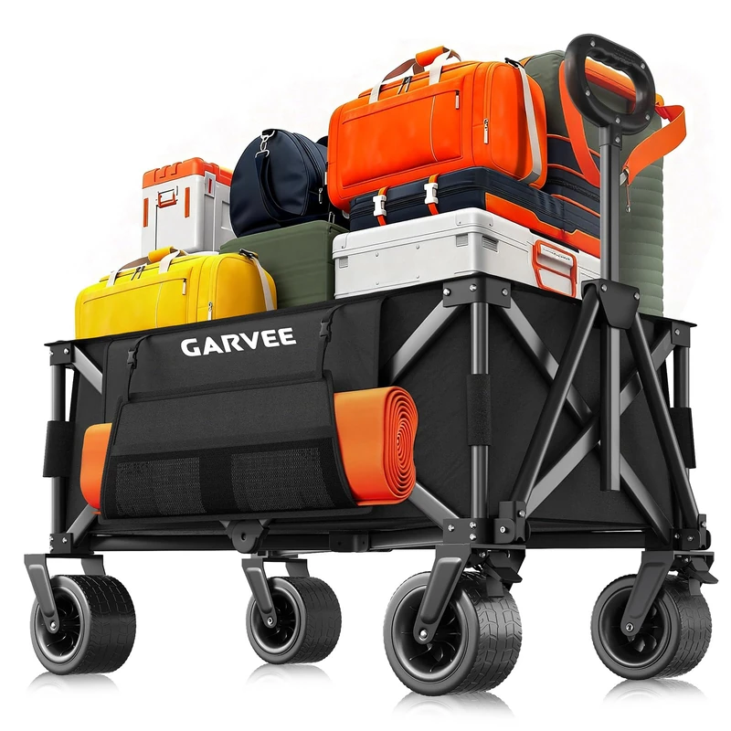 Handcart Foldable 200 L with Side Pockets & Drink Holder, Foldable Hand Trolley up to 200 kg, Water-Repellent Beach Trolley with 360° Wheels for Terrain, Camping, Picnic & Shopping, Black