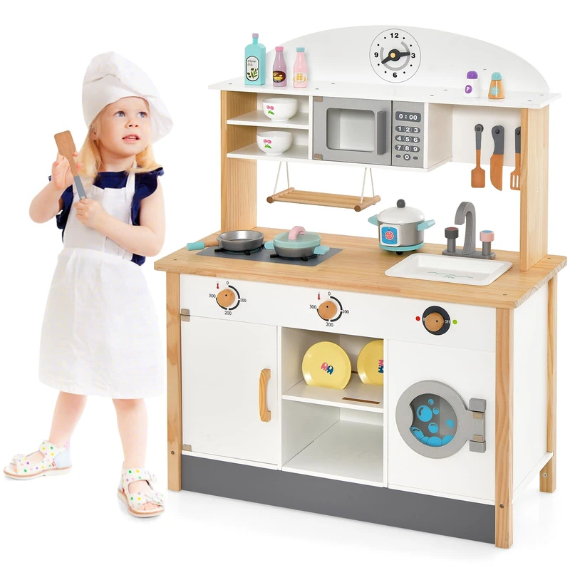 GYMAX Wooden Kids Play Kitchen (Without Apron and Hat)