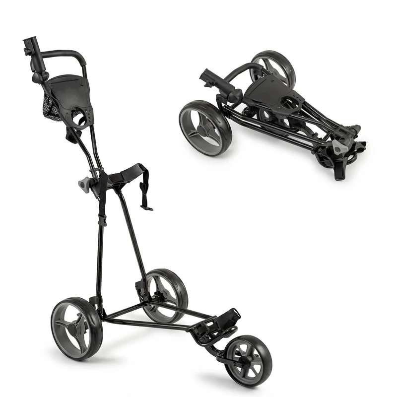 GYMAX Golf Trolley, Folding 3 Wheel Golf Push Cart with Foot Brake, Umbrella & Cup Holder, Adjustable TPR Handle and Mesh Bag, Lightweight Golf Bag Holder (Grey)
