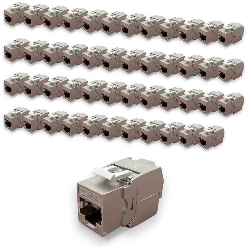 Waytex 48 Pack RJ45 Cat6a FTP Tool-Free Keystone Headers - Zinc Nickel Plated Metal Shielded Connectors - 10Gbps 500MHz - FTP Shielded - T568 A/B AWG22-26 with Cable Tie