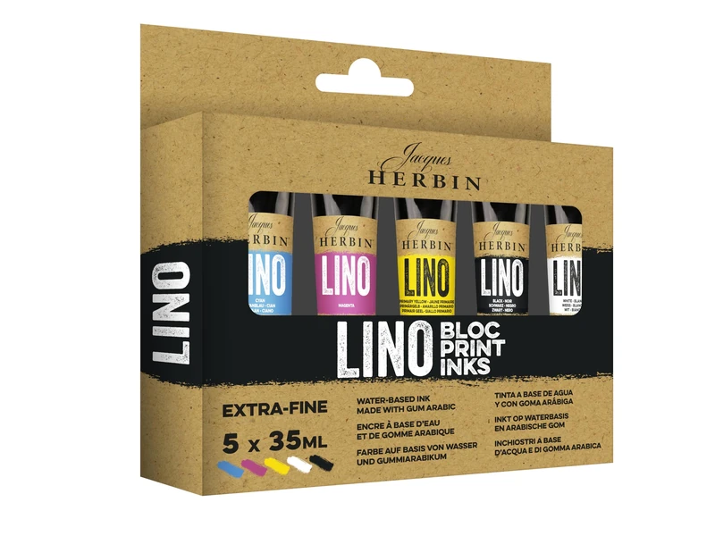 Jacques Herbin 80599T - Coffret 5 tubes encre lino JH 35ml (blanc, cyan, jaune primaire, magenta, noir)