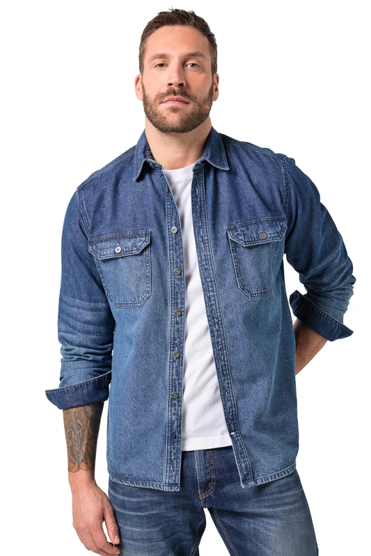 JP 1880 Menswear Big & Tall Plus Size L-8XL Long-Sleeve Modern fit Kent Collar Jean Shirt Blue Denim XXX-Large 846716902-3XL