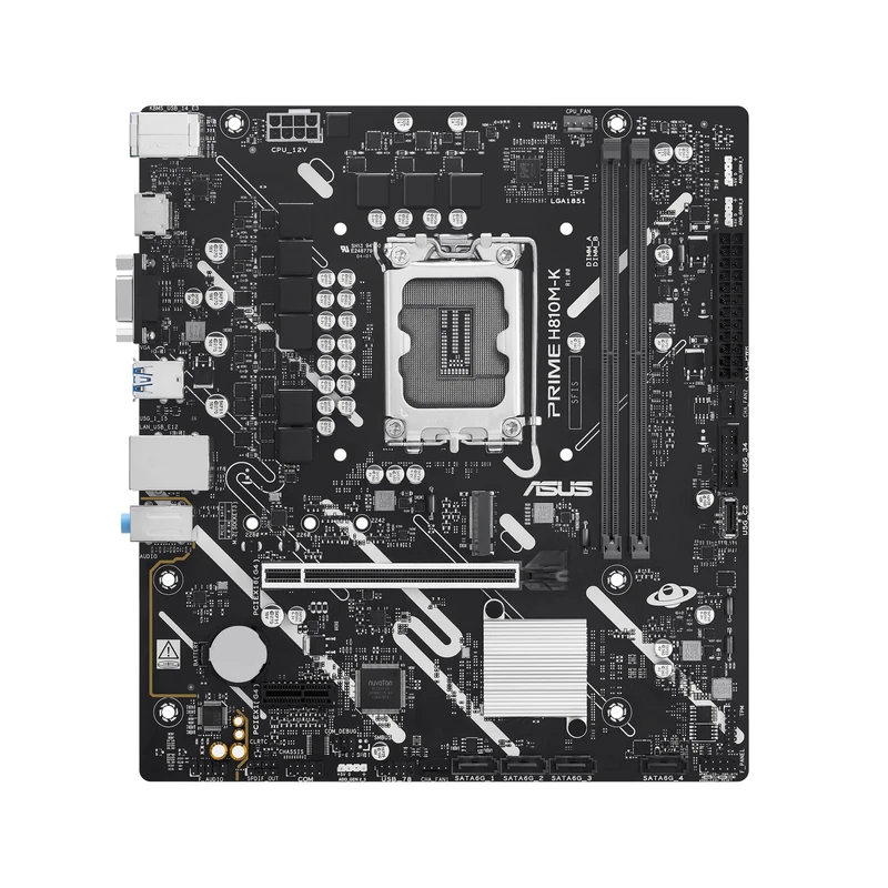 ASUS Prime H810M-K Intel H810 LGA1851 micro-ATX motherboard (Advanced AI PC-ready, DDR5 slots, PCIe 4.0, HDMI, VGA, USB 5Gbps h., USB 5Gbps Type-C v., M.2 slot, Realtek 1GB Ethernet, Aura Sy