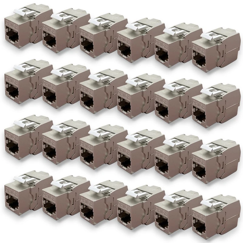 Waytex 24 Pack RJ45 Cat6a FTP Tool-Free Keystone Headers - Zinc Nickel Plated Metal Shielded Connectors - 10Gbps 500MHz - FTP Shielded - T568 A/B AWG22-26 with Cable Tie - Image 1