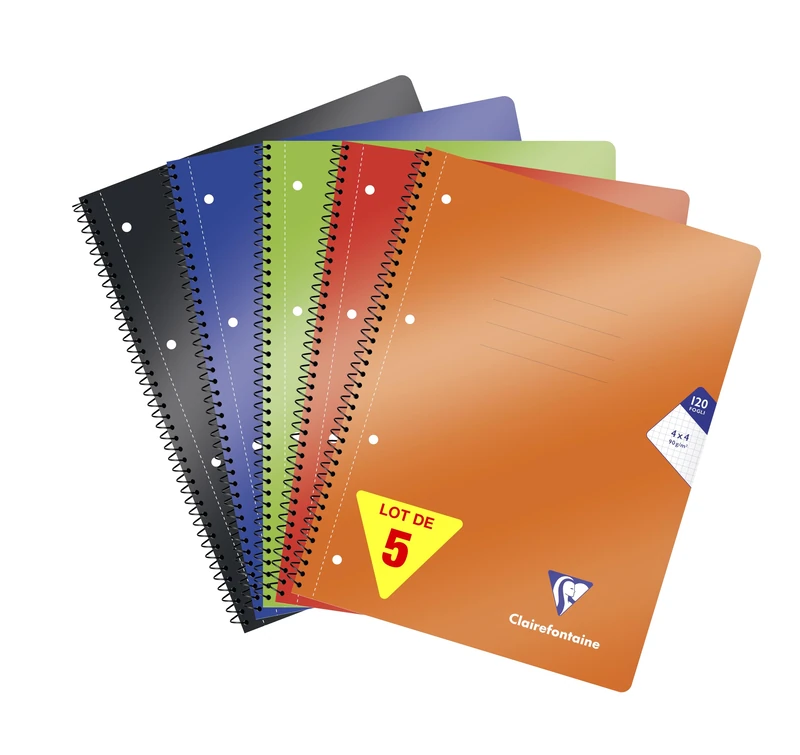 Clairefontaine 304254C - Mimesys Cahier spiralé polypro 22,5x29,5cm 240p détach. Q.4x4 Perfo. 4 trous Couleurs Vives assorties - Paq de 5