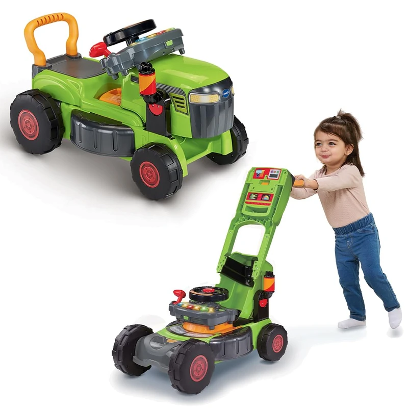 VTech -Baby Convertible 3 in 1 Green Tractor and Mower, Toy for Children +1 Year Old, Walker and Walker with Interactive Steering Wheel, Songs, Melodies and Role-Playing Games, ESP Version
