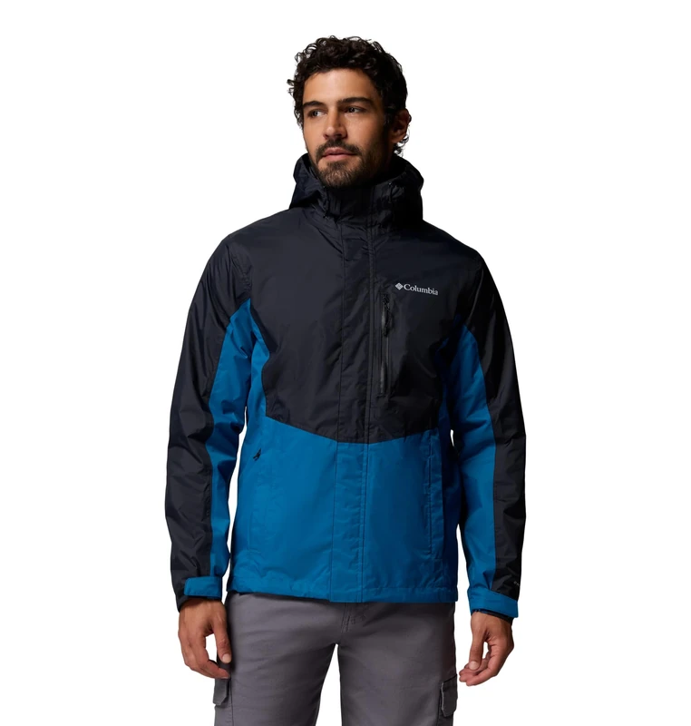 Columbia Men's Pouring Adventure 3 Jacket, Waterproof Rain Jacket, Black/Phoenix Blue, Large