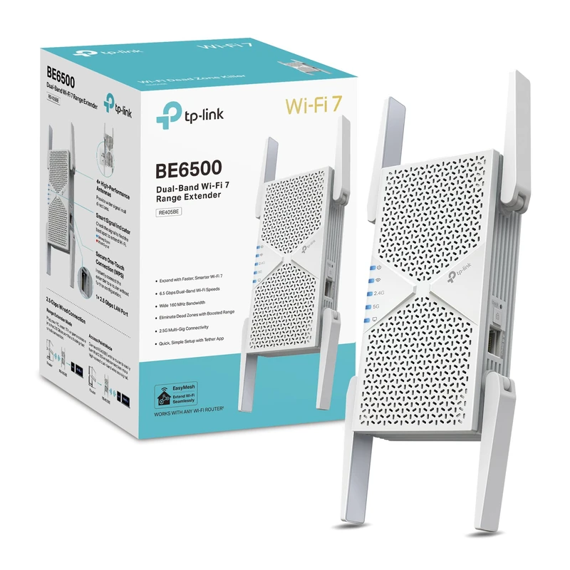 TP-Link RE405BE BE6500 Dual Band Wi-Fi 7 Extender Booster,4 Antennas WiFi Booster,WiFi Booster with 2.5 Gbps Port,Ultimate Compatible WiFi Extenderwith MLO,4K-QAM,EasyMesh,Easy Setup,APP Control