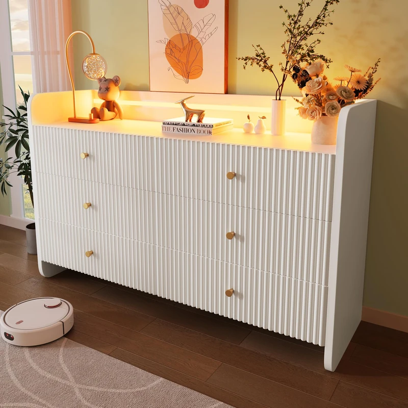 Ball & Cast Modern 120 cm Sideboard for living room with 6 Drawers, Cupboard Storage Cabinet with RGB LED Lighting & Shelves & Handles, Bedroom Dining Room Office, 40x120x75 cm, White