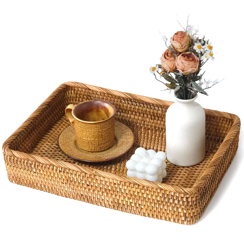 Wicker Storage Tray, Rattan Basket Rectangular for Bathroom Living Room, Decorative Serving Woven Trays Wicker Baskets for Organizing Home Decor L(15.7" × 11")