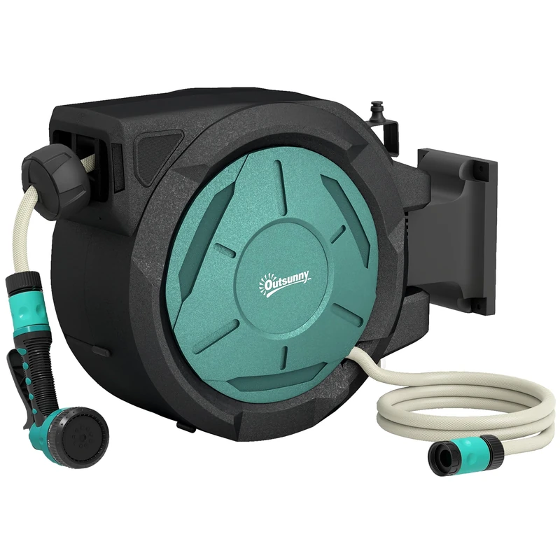 Outsunny Retractable Hose Reel Wall Mounted, 20+2m Garden Hose Pipe Reel with Lock, Auto Rewind, 7 in 1 Spray Nozzle, Includes Wall Fixings, 180° Swivel, Outdoor Watering, 54 x 20 x 39 cm, Black