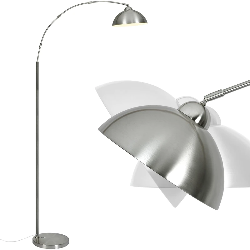 Arc Floor Lamp for Living Room, 204cm Tall Lamp with Adjustable Lamp Head, Brushed Aluminium Shade, 9W 3 Colour Temperature Bulb, Foot Switch & 5KG Heavy Base, Corner Standing Lamp for Living Room