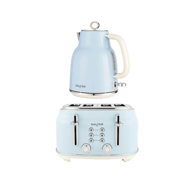 Salter Retro Kettle & 4-Slice Toaster Set - Wide Slots, 3KW Rapid Boil, 6 Browning Levels, 360° Base, Removable Limescale Filter, Defrost, Reheat & Cancel, High-Lift Eject, Removable Crumb Tray, Blue - Image 1