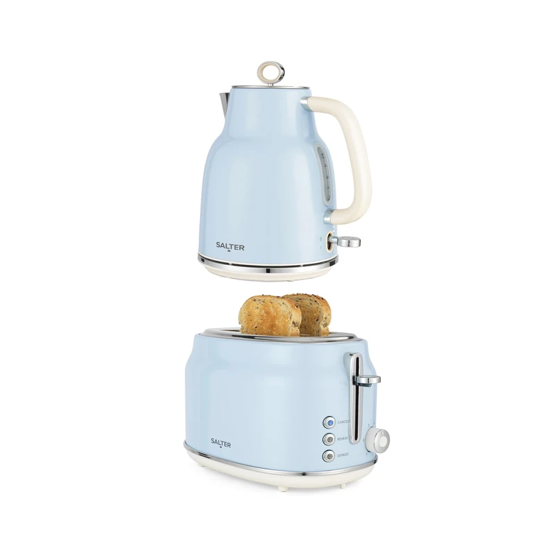 Salter Retro Kettle & 2-Slice Toaster Set - Wide Slots, 3KW Rapid Boil, 6 Browning Levels, 360° Base, Removable Limescale Filter, Defrost, Reheat & Cancel, High-Lift Eject, Removable Crumb Tray, Blue - Image 1