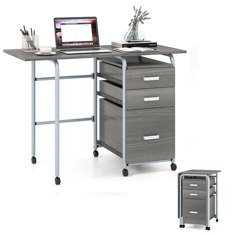 CASART 2-In-1 Folding Computer Desk, Mobile PC Laptop Table with Open Shelves/3 Drawers, Home Office Writing Desk Computer Workstation (Gray, 105 x 50 x 75cm)