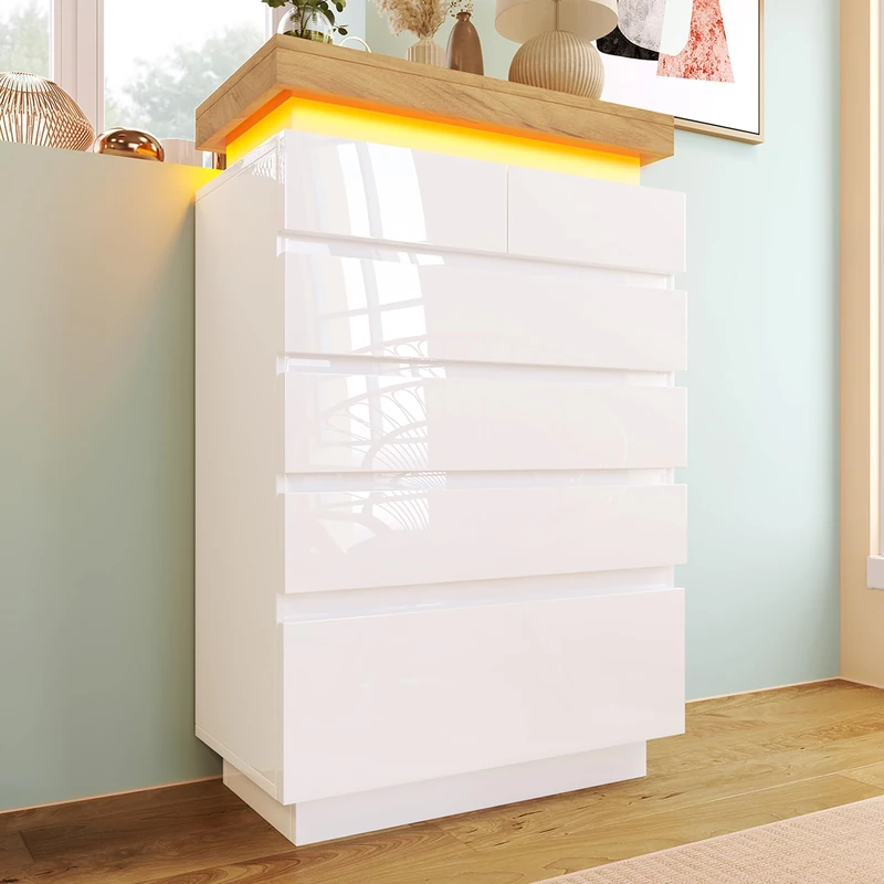 Ball & Cast Modern High Gloss Sideboard for living room Sideboard Cabinet with 6 Drawers, Cupboard Sideboard with RGB LED(App-controlled), 115 x 73 x 39 cm, White