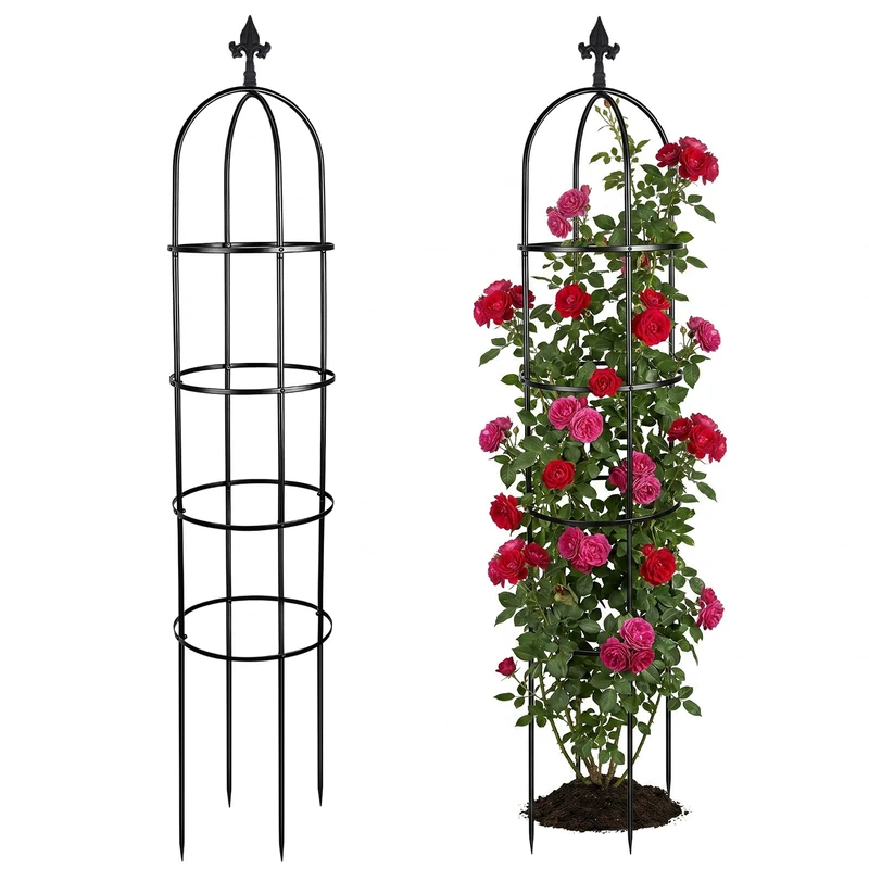 2 Pcs Metal Garden Obelisk Trellis for Climbing Plants Outdoor, 6 Ft Steel Indoor Potted Flower Support Trellises for Rose Bush Clematis Vine Jasmine Fruits Vegetable Floral Arch Decor (Floral)