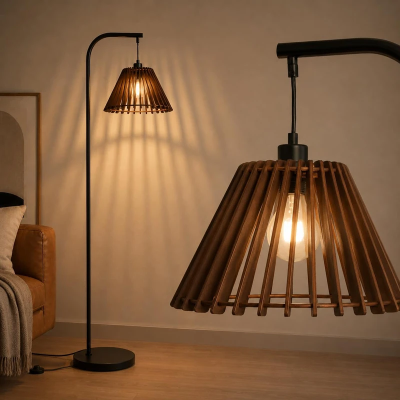 LuminexDesigns Vintage Floor Lamp with Wooden Shade for Living Room, Tall Standing Lamp Design, 3 Color Temperatur Footswitch, E27 Socket, Black Retro Light for Bedroom Lounge Corner WOVI FL24 - Image 1
