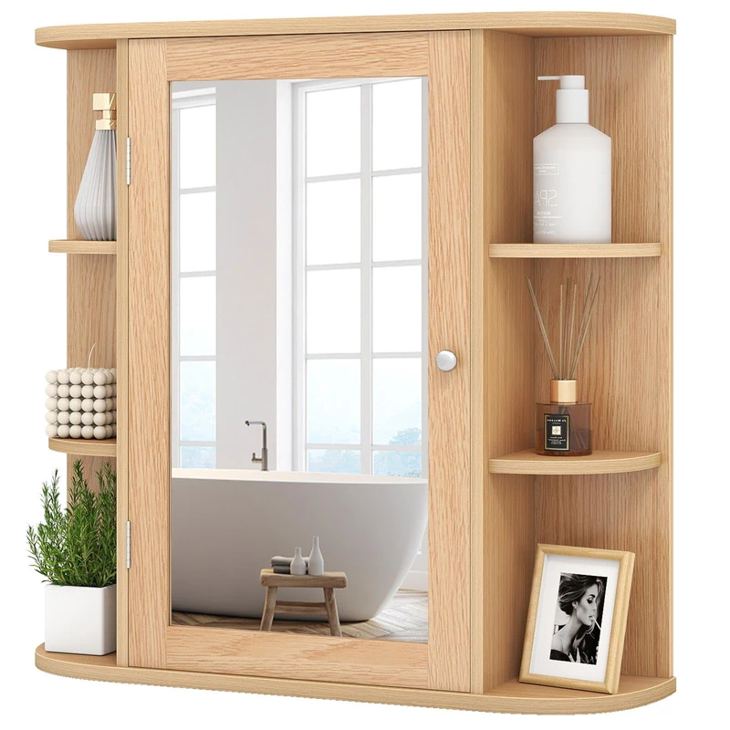CASART Bathroom Mirror Cabinet, Wall Mounted Storage Cupboard with Single Door and Adjustable Shelves, Wooden Medicine Cabinet Display Organizer Unit for Kitchen Living Room (Natural, 65 x 17 x 64cm)