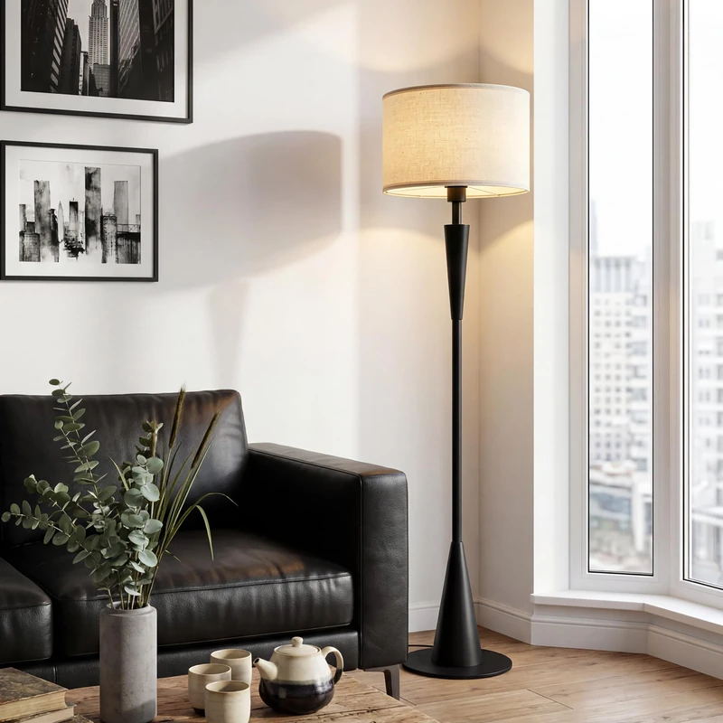 Modern Floor Lamps for Living Room, Standing Lamp with 9W 3 Colour Temperature Bulb, Black Floor Lamp with Foot Switch, Wooden Floor Lamp with Beige Fabric Shade for Bedroom, Lounge & Reading Corner