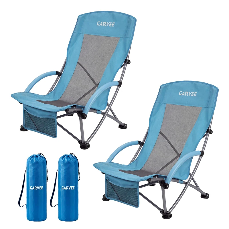 2 x Folding Beach Chairs, Lightweight up to 150 kg, Portable Camping Chair with Carry Bag & Drink Holder, High Back & Low Chair Legs, Beach Chairs for Travel, Concert, Lawn, Blue - Image 1