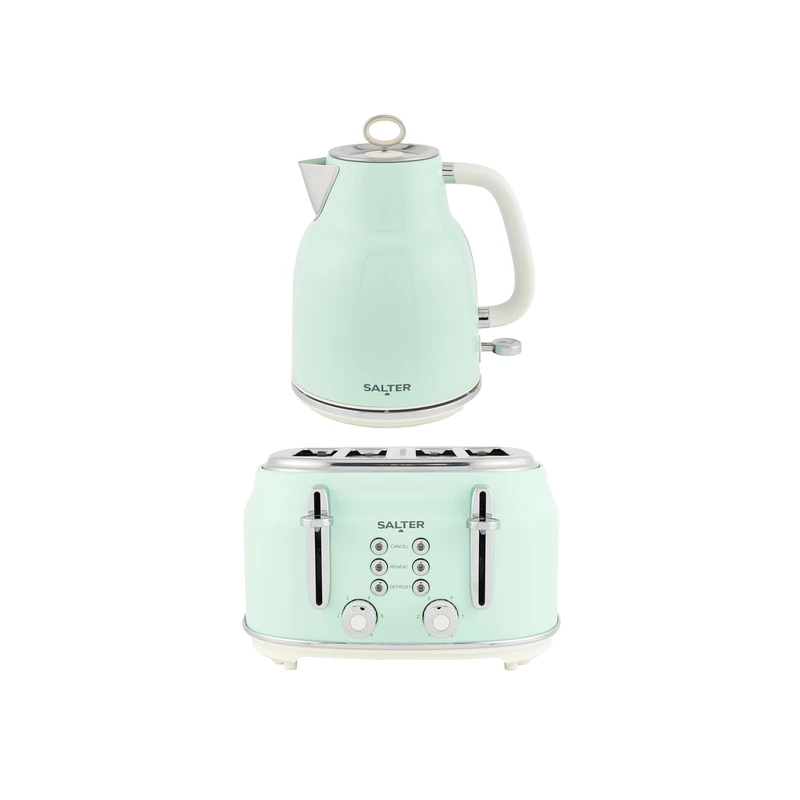 Salter Retro Kettle & 4-Slice Toaster Set - Wide Slots, 3KW Rapid Boil, 6 Browning Levels, 360° Base, Removable Limescale Filter, Defrost, Reheat & Cancel, High-Lift Eject, Removable Crumb Tray, Green