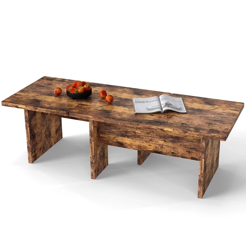 CASART Modular Coffee Tables, Set of 2 L-Shaped Accent Tea Tables, Wooden Center Table for Living Room Home Office Apartment (Rustic Brown)
