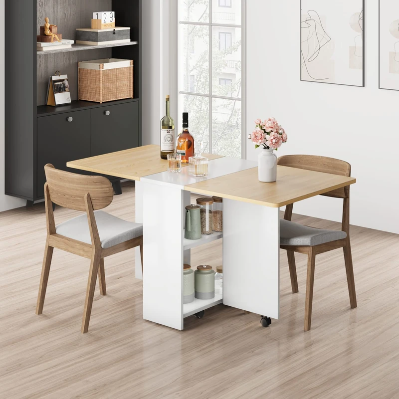 GarveeLife Folding Dining Table with Wheels, Extendable Drop Leaf Kitchen Table, 2-Tier Storage, Space Saving Dining Room Table for Kitchen, Apartment and Small Space - Image 1