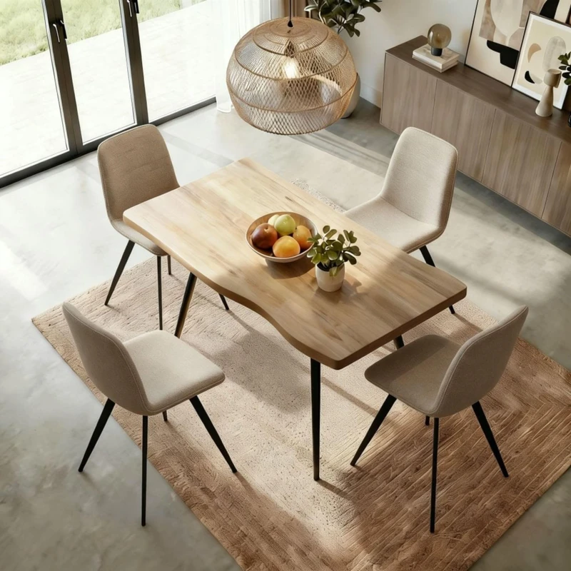 Home Source Avara Dining Set, 120cm Table with 4 Ashford Chairs (Beige) – Natural Oak-Effect MDF with Black Metal Legs, Boucle Upholstered, Modern 5-Piece Dining Set