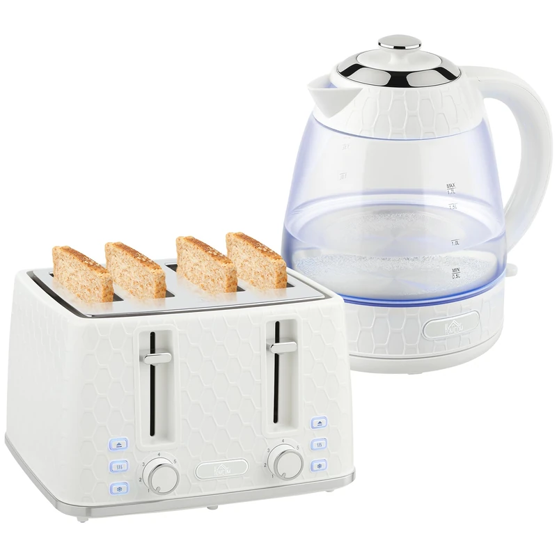 HOMCOM Kettle and Toaster Set, 1.7L 3000W Rapid Boil Jug Kettle with Strix Thermostat, Limescale Filter, 4 Slice Toaster with 7 Browning Controls, Crumb Tray, Cream