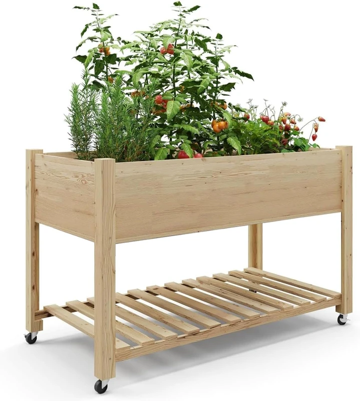 GarveeHome Mobile Elevated Wooden Raised Garden Bed Planter Box with Lockable Wheels – Sturdy Storage Shelf, Protective Liner – Ideal for Vegetables, Herbs, Flowers – Easy Assembly for Patio, Balcony,