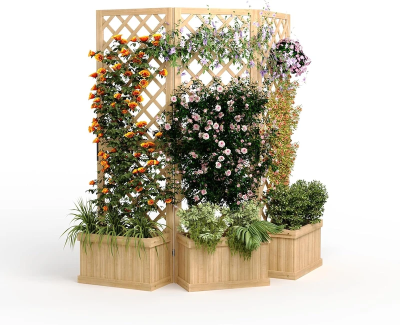 GarveeHome Cedar Privacy Screen with Planter Box – 3-Panel Raised Garden Bed – Natural Wood Divider with Drain Holes – Triple Specification