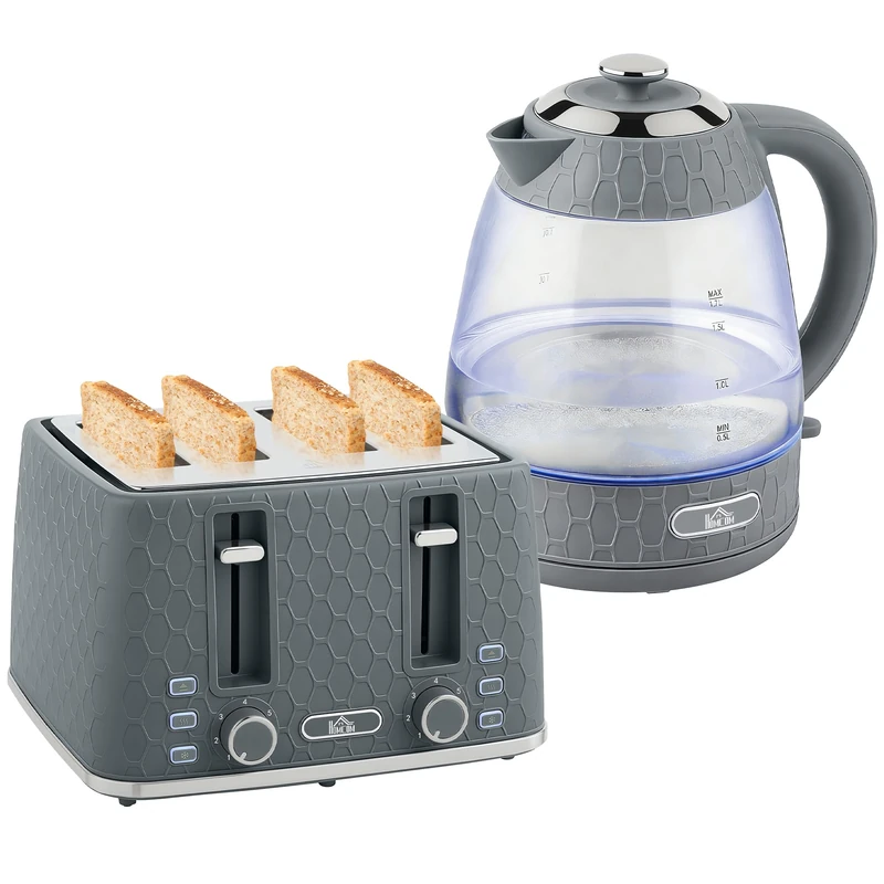 HOMCOM Kettle and Toaster Set, 1.7L 3000W Rapid Boil Jug Kettle with Strix Thermostat, Limescale Filter, 4 Slice Toaster with 7 Browning Controls, Crumb Tray, Grey