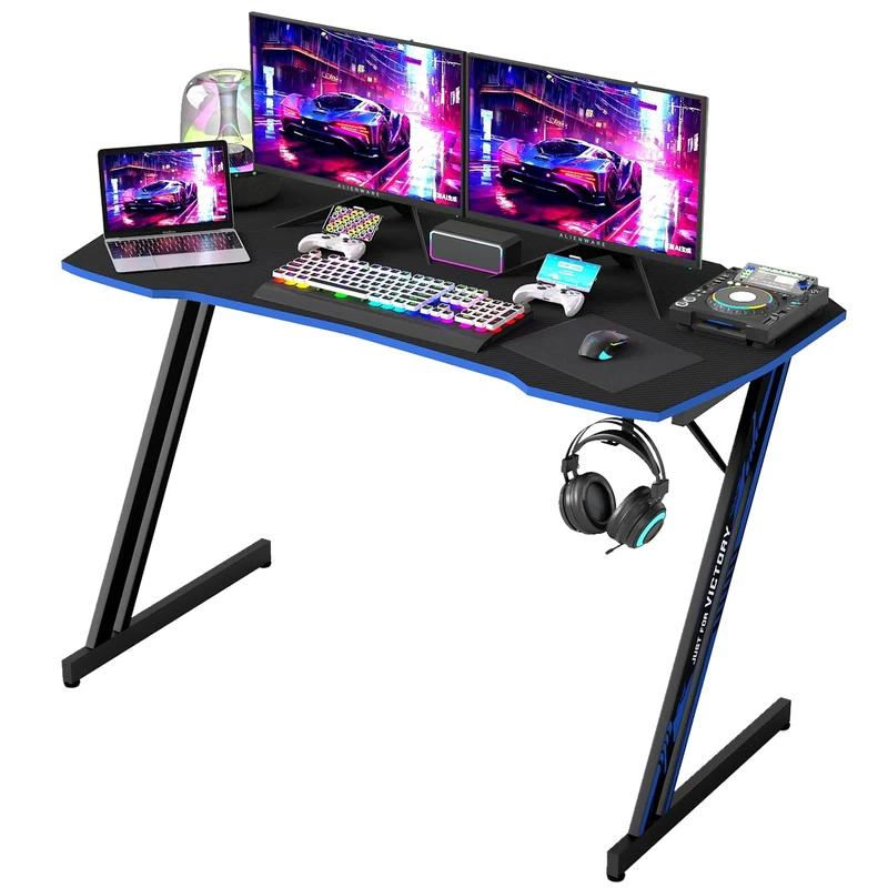 BestOffice Gmaing Desk Z Shaped 120cm PC Computer Desk Computer Workstation Ergonomic Gaming Table with Headphone Hook for Game Players, Black and Blue