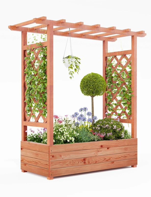 GarveeHome Elevated Wooden Raised Garden Bed with Arch Trellis & Hanging Roof – Freestanding Planter Box with Side Supports & 4 Drainage Holes for Climbing Plants & Flowers – Size: 110x44x113.5cm