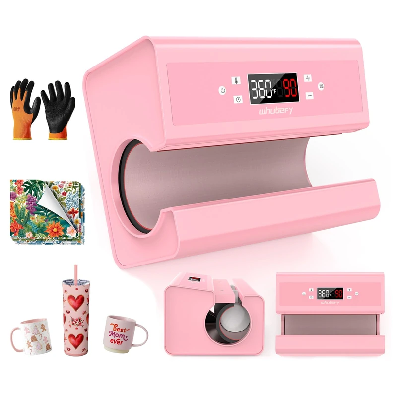 Automatic Cup Press, Sublimation Transfer Machine for Mugs, Cups, Coffee Cups, Drinking Bottles and Bags, Precise Time and Temperature Control, Push Button Pressure Adjustment (Pink)