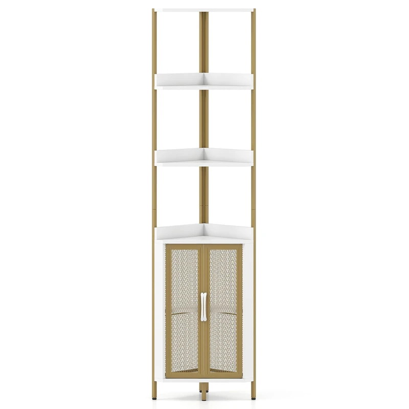 SFAREST 6-Tier Corner Bookcase, Wooden Display Storage Cabinet with Door Cabinet, Anti-tipping Device, Home Office Shelving Organizer Unit for Living Room Bedroom Bathroom (Gold & White)