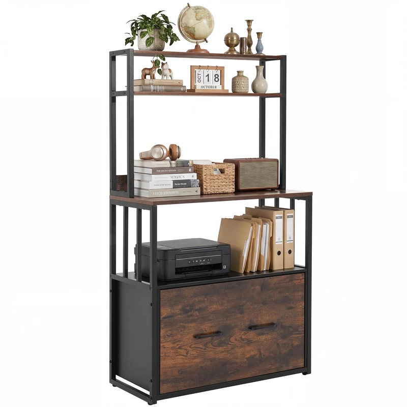 YITAHOME Filing Cabinet with Drawer, File Cabinet with Bookshelf for A4, Letter, Legal Files, Metal Storage Cabinet Printer Stand for Office School Home Organization, Rustic Brown