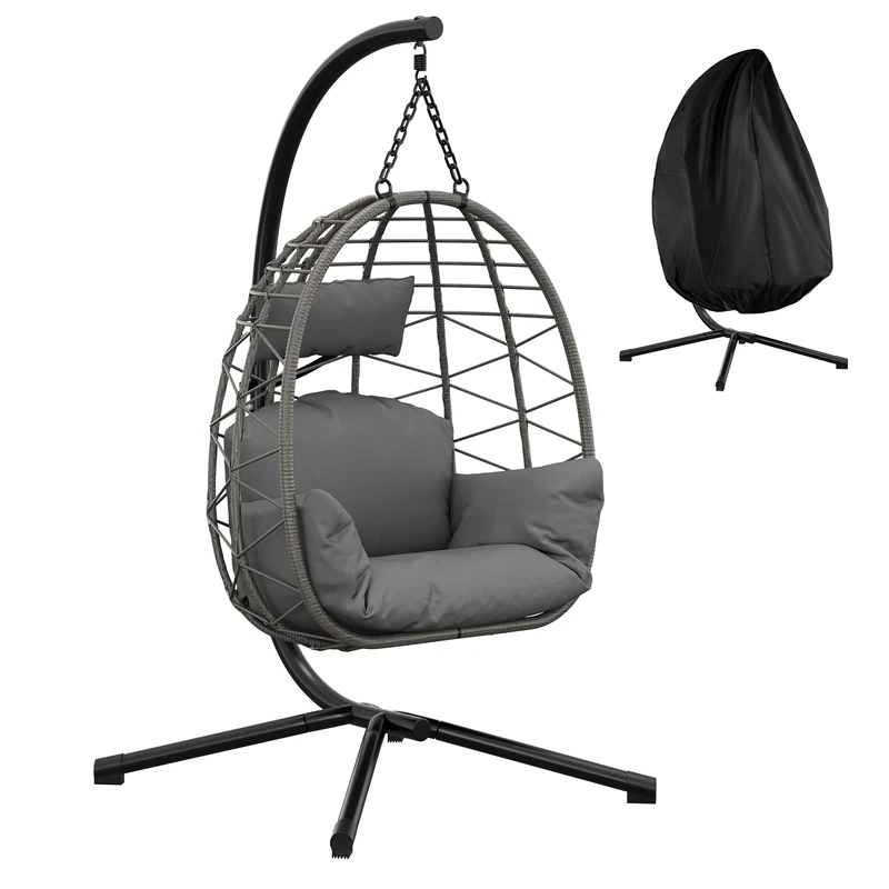 Outdoor Hanging Chair with Frame, Maximum Load 150 kg, Rattan Hanging Chair with Metal Frame, Ideal as a Hanging Seat Indoor with Frame for Garden, Patio and Balcony, Grey