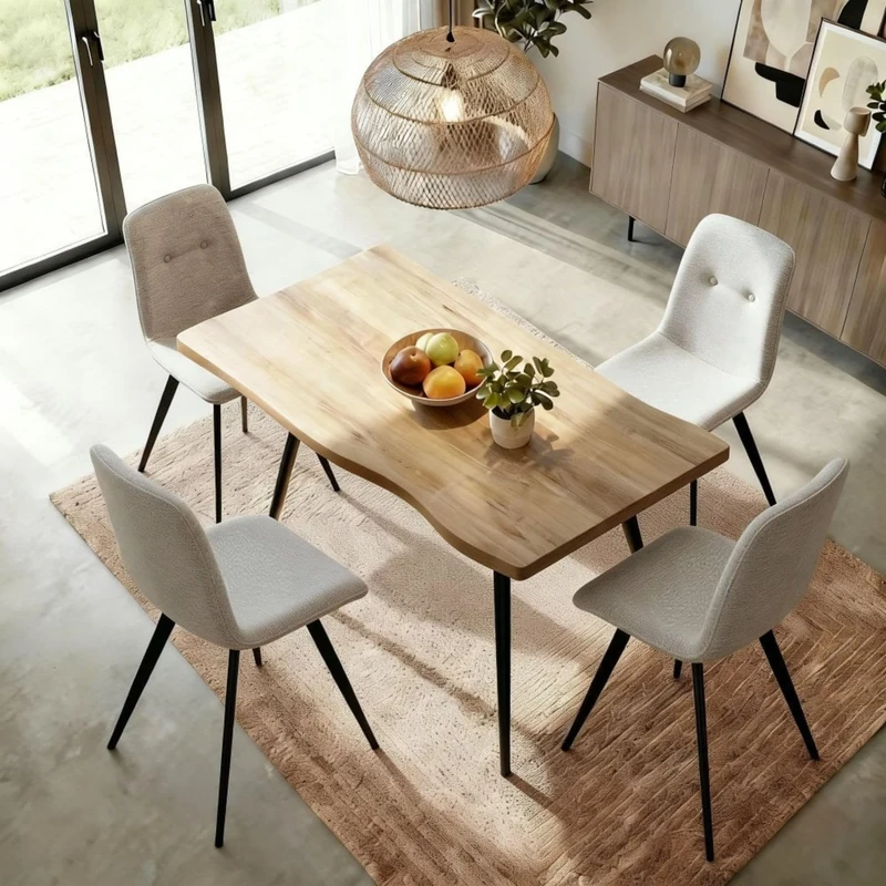 Home Source Avara Dining Set, 120cm Table with 4 Ashford Chairs (Off White) – Natural Oak-Effect MDF with Black Metal Legs, Boucle Upholstered, Modern 5-Piece Dining Set